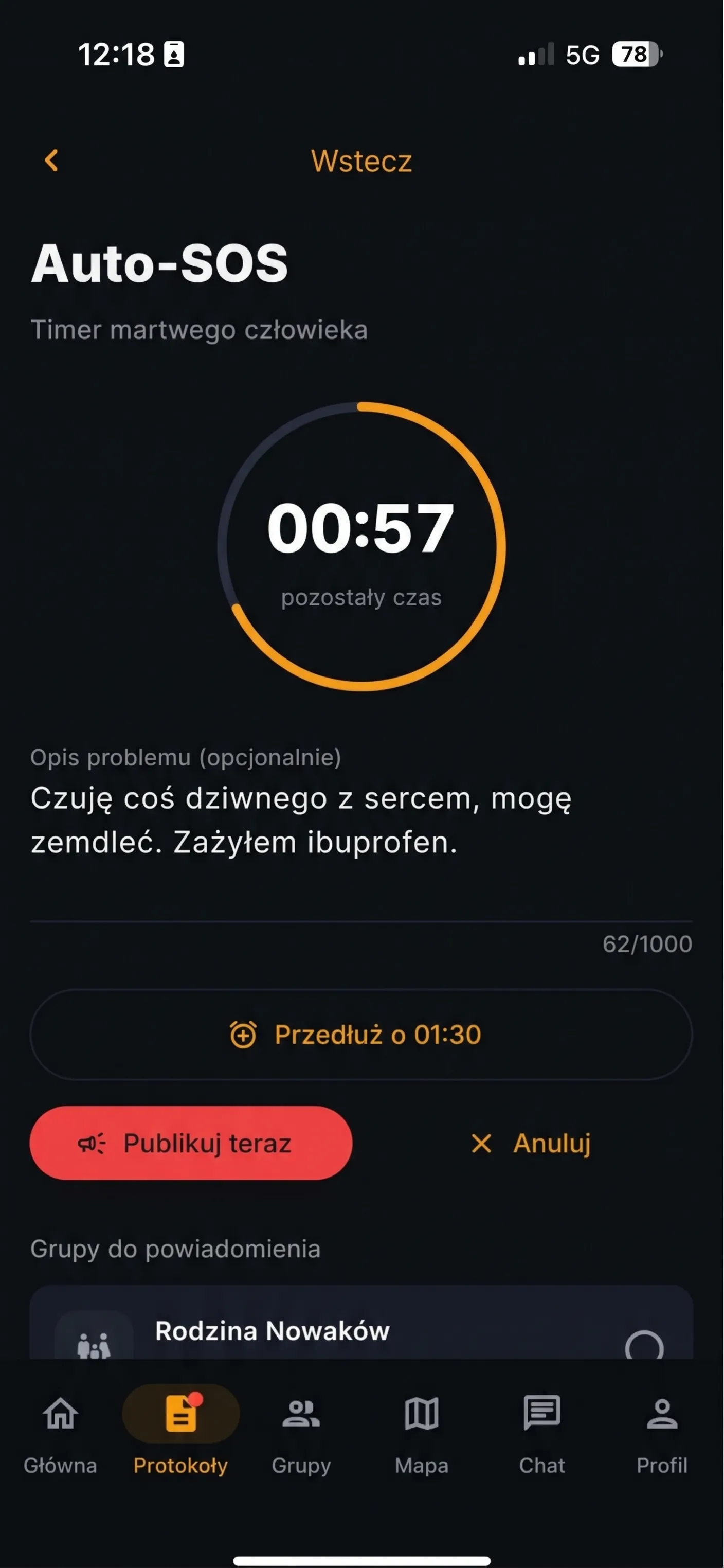 Ekran Auto-SOS z odliczaniem 00:57, opisem problemu oraz przyciskami Przedłuż o 01:30, Publikuj teraz i Anuluj.