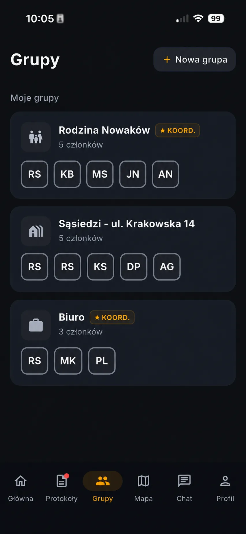 Ekran Grupy w aplikacji Resquo z listą grup: Rodzina Nowaków, Sąsiedzi - ul. Krakowska 14 i Biuro, z inicjałami członków i oznaczeniem koordynatora.