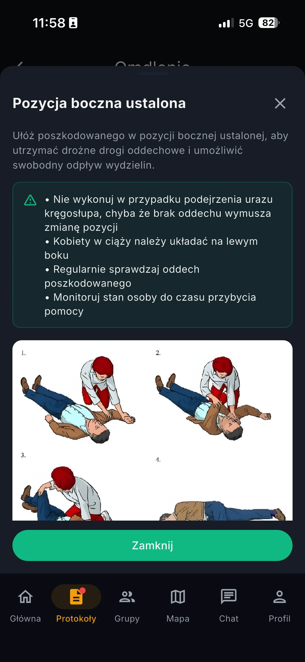 Instrukcja Pozycja boczna ustalona z ostrzeżeniami i ilustracjami kolejnych kroków układania poszkodowanego.