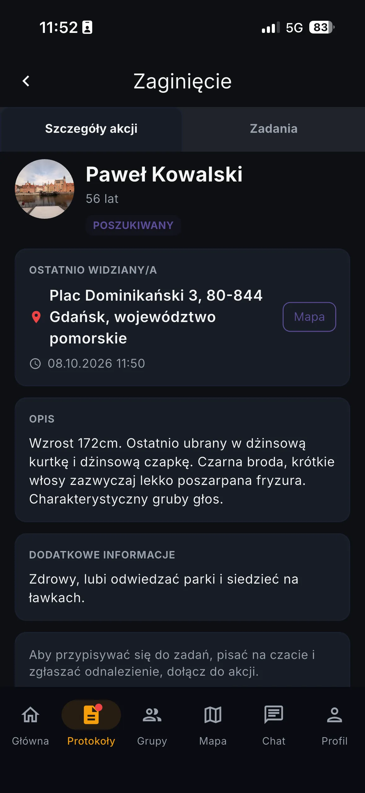 Szczegóły akcji poszukiwawczej: osoba ze statusem Poszukiwany, miejsce i czas ostatniego widzenia, opis wyglądu i dodatkowe informacje.
